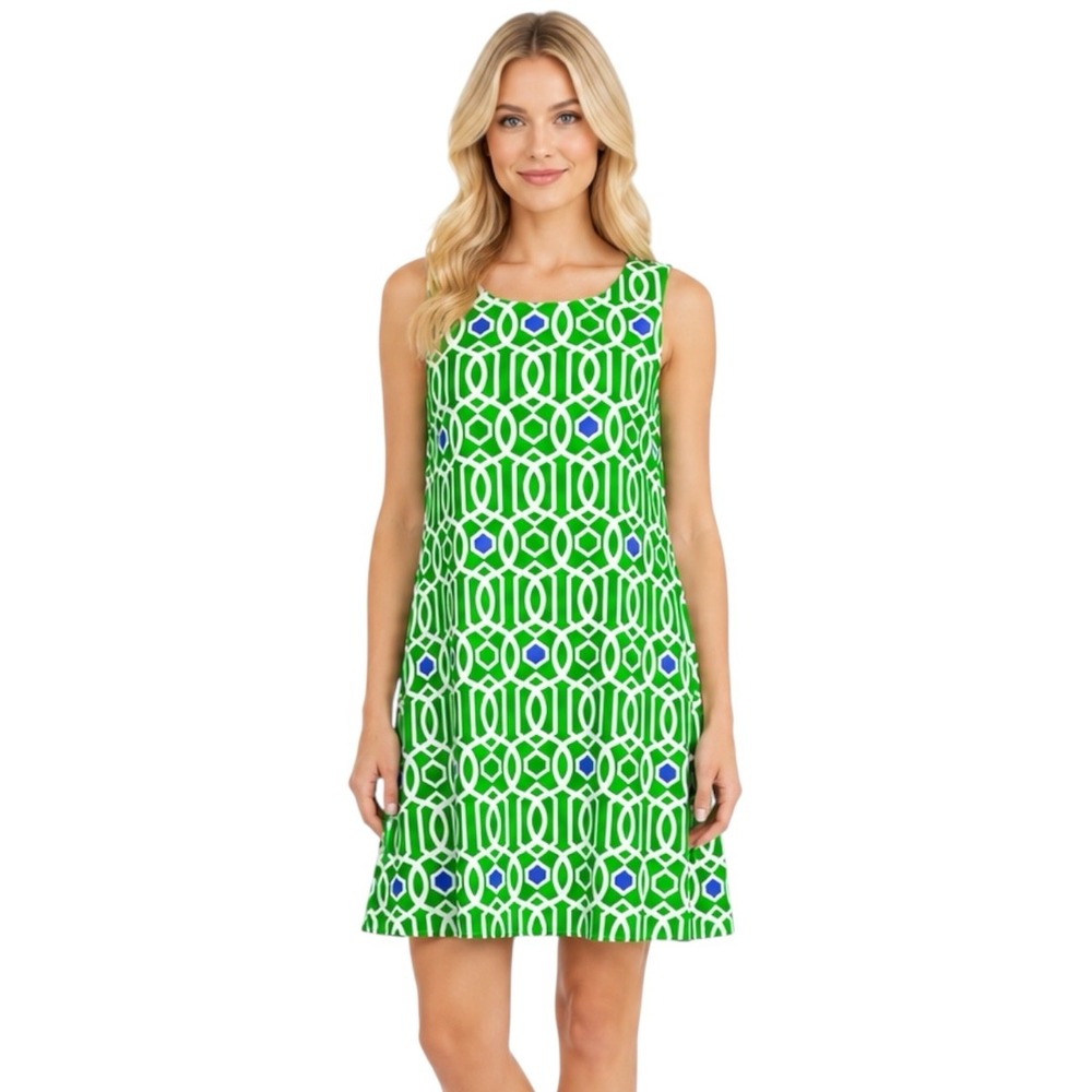Jude Connally Beth Dress Garden Gate Geo Green Sleeveless Shift Preppy XS